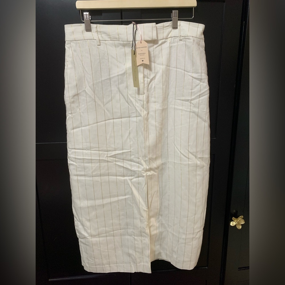 Rachel Zoe White skirt linen, front slit, mid calf, size 12 classic tailored